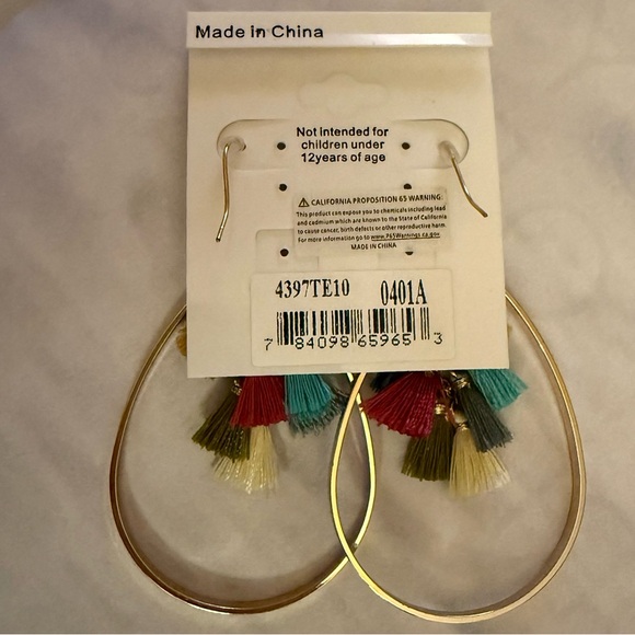 Ethel & Myrtle Gold Teardrop Dangle Earrings with Multicolor Tassels, 3” Drop - Picture 10 of 12